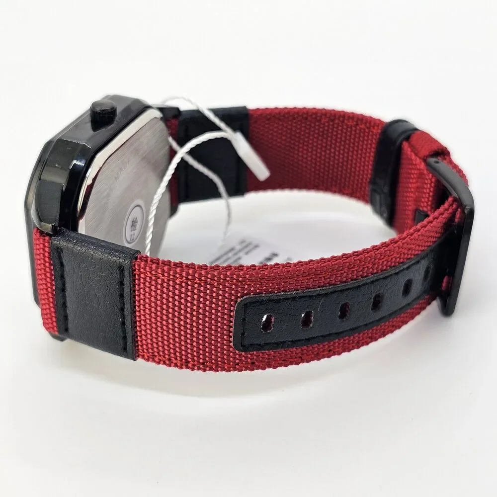 Men's Minimalist Watch 42MM Black Dial Date Indicator Black Red Canvas Bands‎